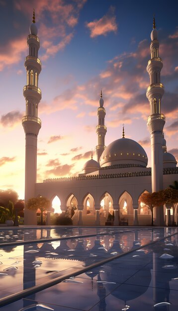 Edificio y arquitectura de mezquitas intrincadas con paisaje celeste y nubes