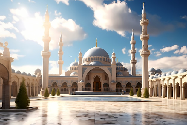 Edificio y arquitectura de mezquitas intrincadas con paisaje celeste y nubes