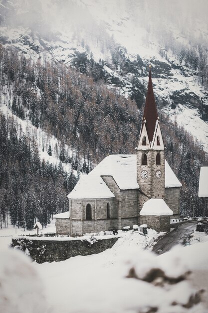 Edificio de hormigón gris cubierto de nieve al lado de los árboles