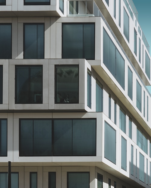 Edificio de hormigón gris con grandes ventanales bajo el cielo azul