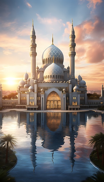 Edificio de mezquita intrincado y arquitectura con paisaje de nubes y cielo