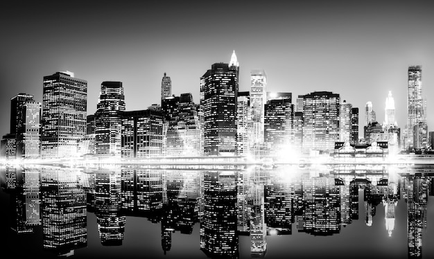 Edificio rascacielos panorámica noche concepto de ciudad de Nueva York