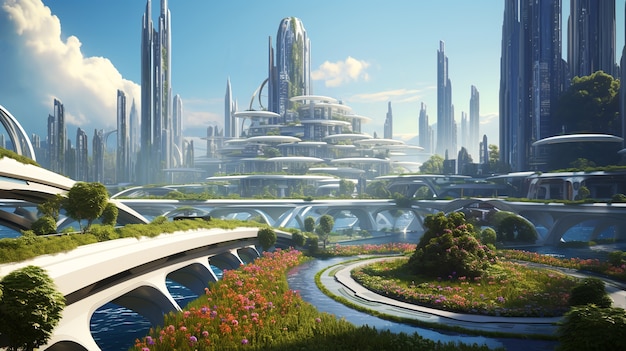 Edificios futuristas en la naturaleza.