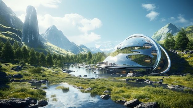 Edificios futuristas en la naturaleza.