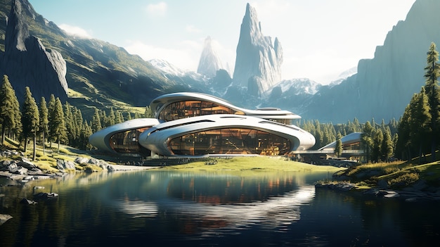 Edificios futuristas en la naturaleza.