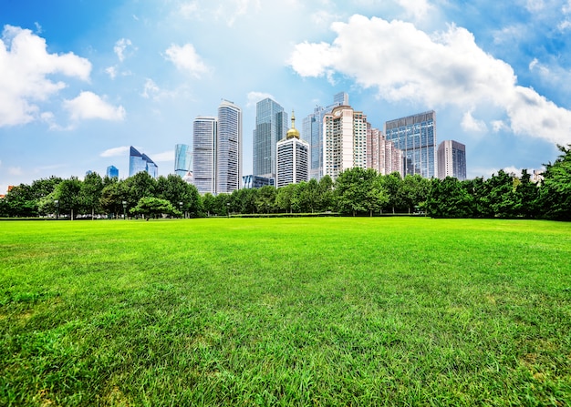 Edificios grandes vistos desde el campo