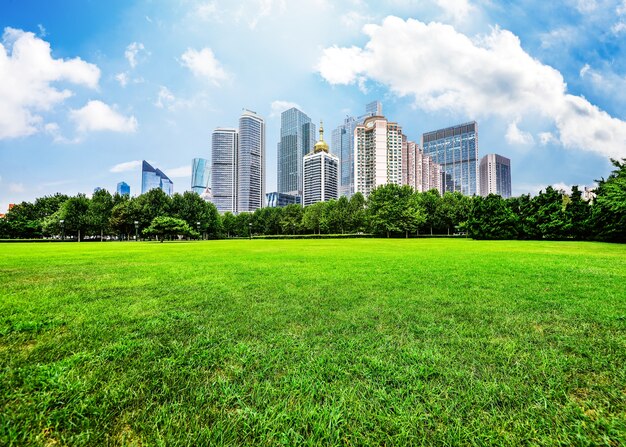 Edificios grandes vistos desde el campo