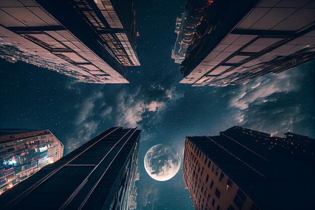 Edificios de rascacielos con IA generativa de escena de luna llena