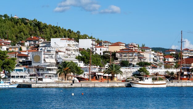 Edificios ubicados en una colina con vegetación múltiple, muelle con barcos amarrados en primer plano, Neos Marmaras, Grecia