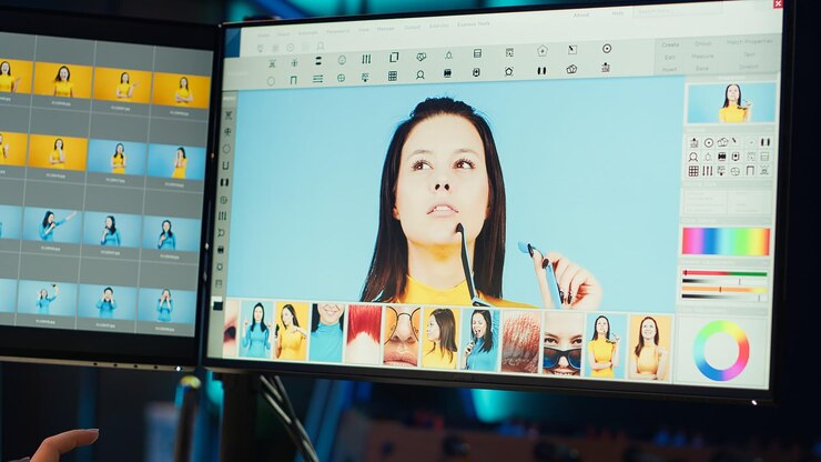 Foto gratuito editor de fotos que utiliza una tableta gráfica para retocar fotografías