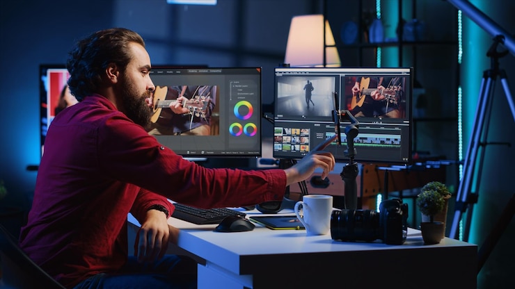 Foto gratuito editor de video creador de contenido tutorial de filmación sobre la edición profesional de imágenes