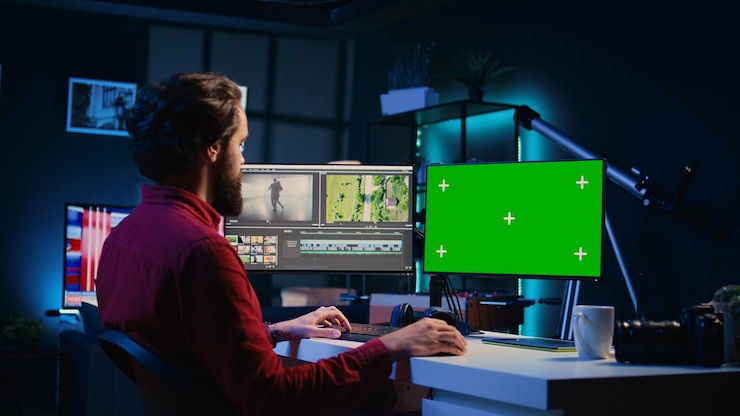 Foto gratuito editor de video que utiliza software de edición en el monitor de pantalla verde para actualizar las imágenes tomadas