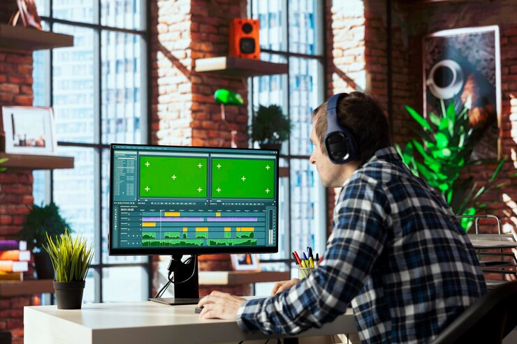 Foto gratuito editor de video recortando segmentos de imágenes tomadas por drones usando una computadora de maqueta
