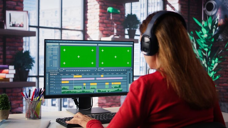 Foto gratuito editora enfocada mujer trabaja en montaje de video en un software creativo