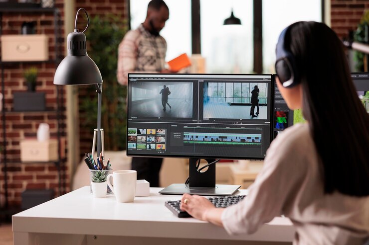 Foto gratuito editora de video femenina que trabaja con imágenes creativas, edita montajes de películas con gradación de color y sonido, trabaja de forma independiente en casa. uso de software de postproducción para hacer películas.