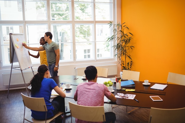 Los ejecutivos de negocios discutir con sus colegas en whiteboa