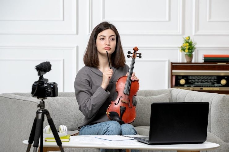 Foto gratuito elearning dando clases de violín de forma remota en casa joven linda hermosa niña confundida en cámara