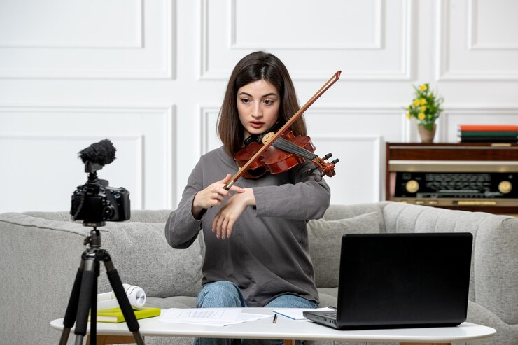 Foto gratuito elearning linda joven hermosa de forma remota en casa tomando clases de violín