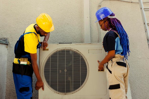 Foto gratuita un electricista capacitado y un técnico de servicio preciso abren un condensador viejo que funciona mal para reemplazarlo con un nuevo sistema de climatización exterior de alto rendimiento después de drenar el tanque de freón y reemplazar el compresor