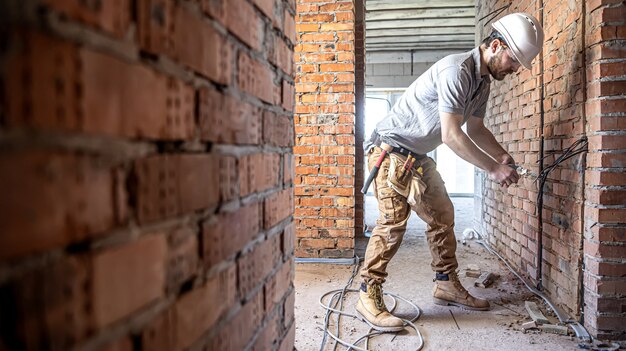 Un electricista de la construcción corta un cable de voltaje durante una reparación