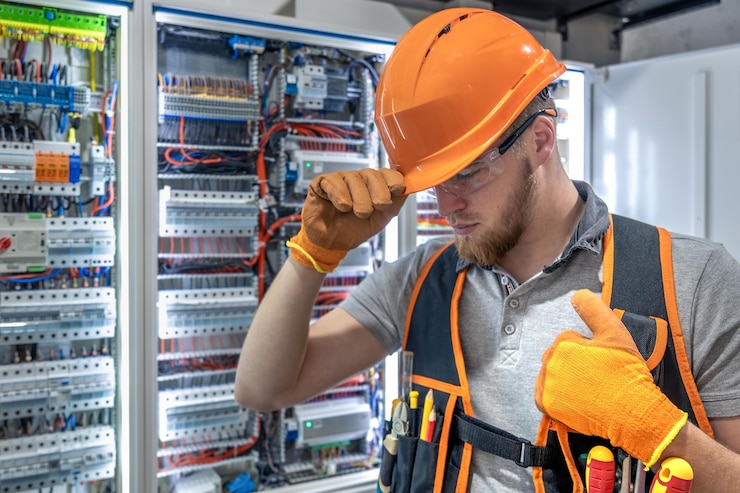 Foto gratuito electricista masculino que trabaja en el panel eléctrico electricista femenino en mono