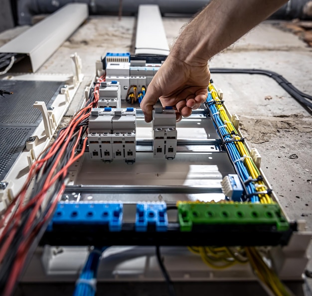 Foto gratuita un electricista masculino trabaja en una centralita con un cable de conexión eléctrica