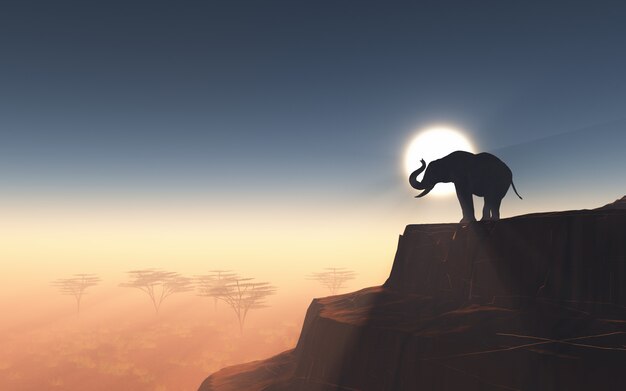 Elefante 3D en un acantilado contra un cielo al atardecer
