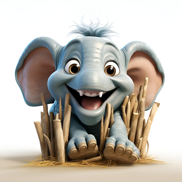 Foto gratuita elefante de dibujos animados con un palo de bambú en la boca ilustración 3d