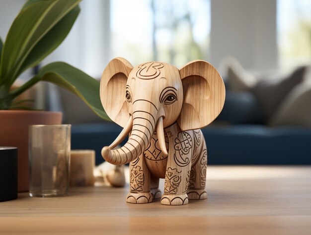 Elefante de madera en el interior.