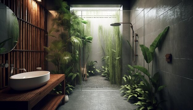 La elegancia moderna ilumina el baño doméstico con azulejos azules y plantas verdes generadas por IA