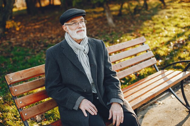 Elegante anciano en un parque soleado de otoño