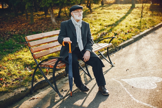 Elegante anciano en un parque soleado de otoño