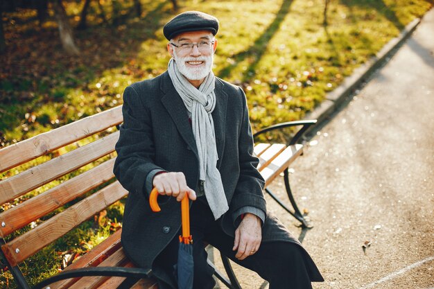 Elegante anciano en un parque soleado de otoño