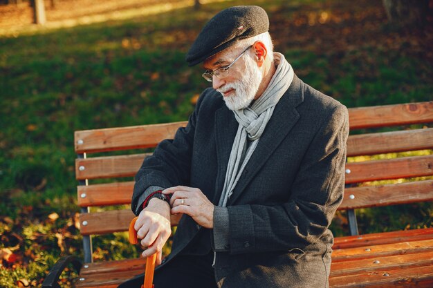 Elegante anciano en un parque soleado de otoño