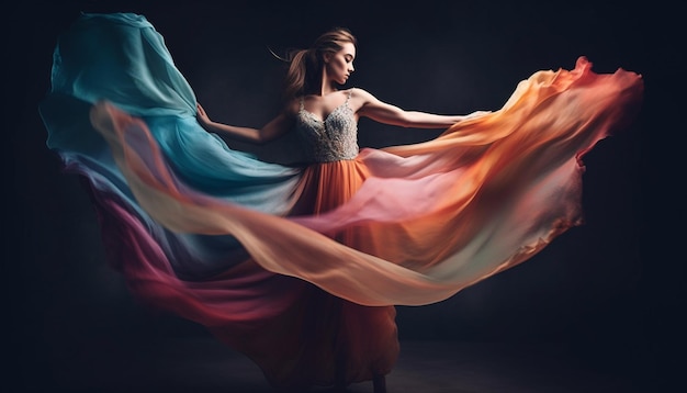 Elegante bailarina de ballet con vestido de seda actuando con elegancia generada por IA