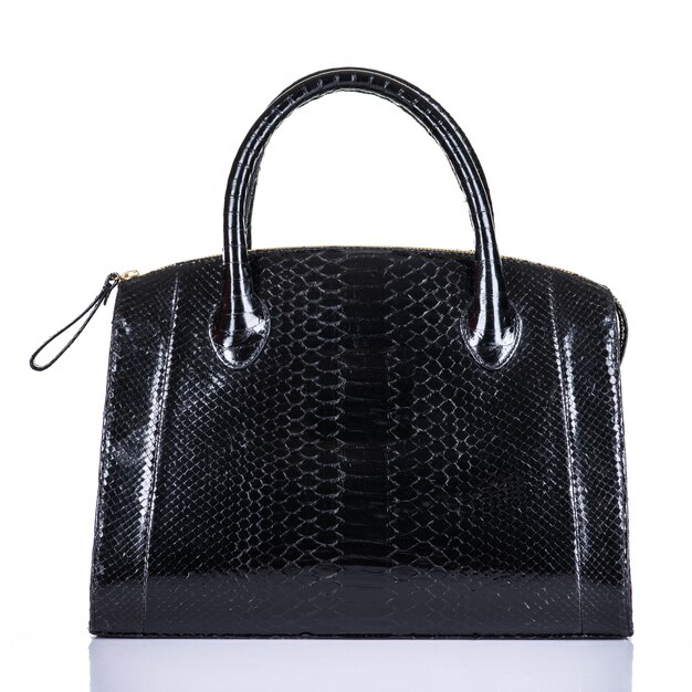 Elegante bolso de mujer de moda aislado sobre fondo blanco. Hermoso bolso femenino de cuero de lujo negro. Accesorios de lujo.