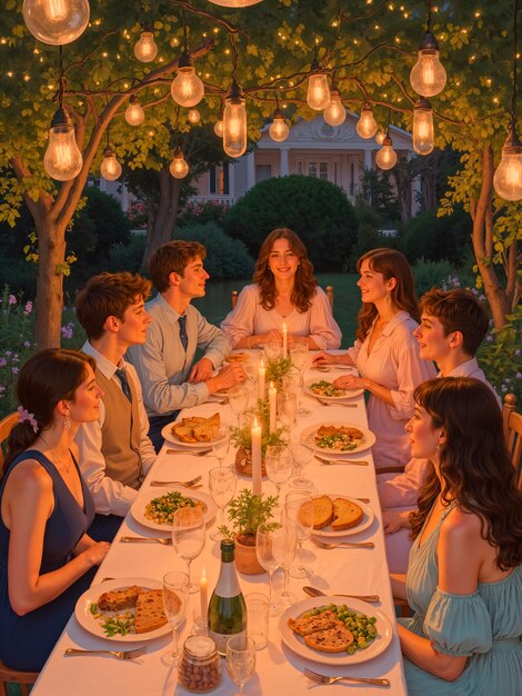 Una elegante cena bajo luces de cuerda