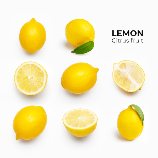 Elegante composición de juego de limones sobre una superficie blanca