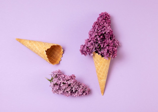 Elegante concepto de comida ecológica con flores en cono de helado