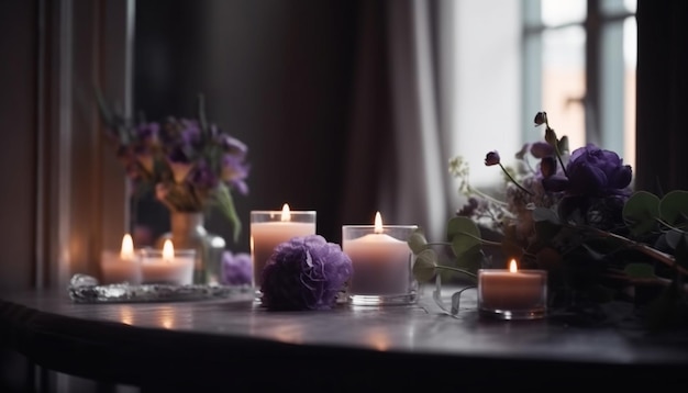 Foto gratuita elegante decoración a la luz de las velas en la mesa cerca de la ventana generada por ia