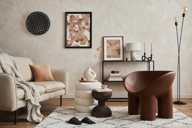 Elegante diseño de interiores de sala de estar con marcos de póster simulados plantilla creativa de puesta en escena en el hogar