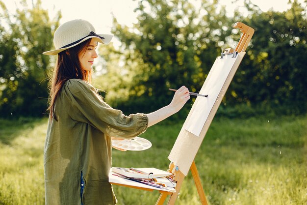 Elegante y hermosa niña pintando en un campo