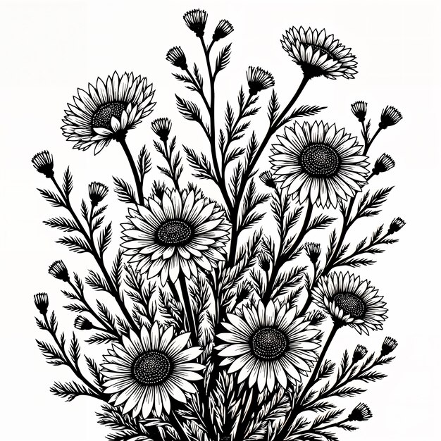 Elegante ilustración floral en blanco y negro