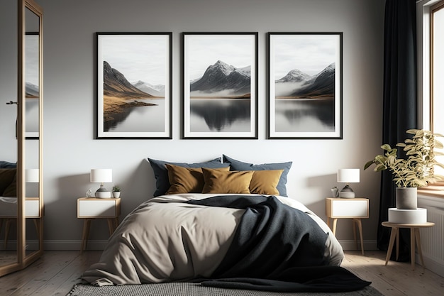 Elegante interior de dormitorio con mueble de cama y vista frontal del marco Ai generativo