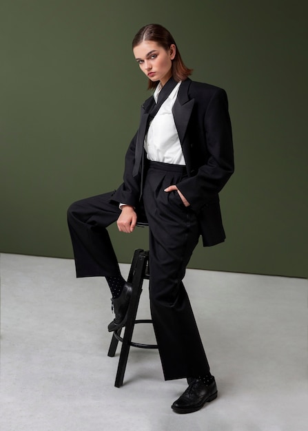 Elegante modelo de mujer posando en las escaleras con un traje de chaqueta. nuevo concepto de feminidad
