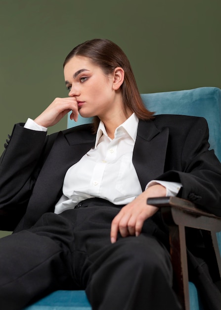 Foto gratuita elegante modelo de mujer sentada en un sillón con un traje de chaqueta. nuevo concepto de feminidad