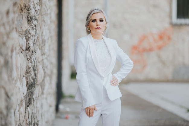 Elegante mujer caucásica de moda con un bonito traje blanco y pantalones posando para una sesión de fotos de moda