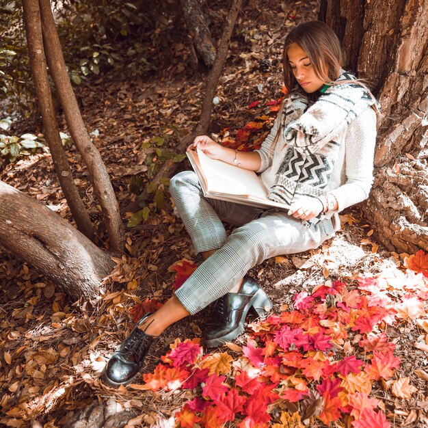 Elegante mujer leyendo en el bosque de otoño