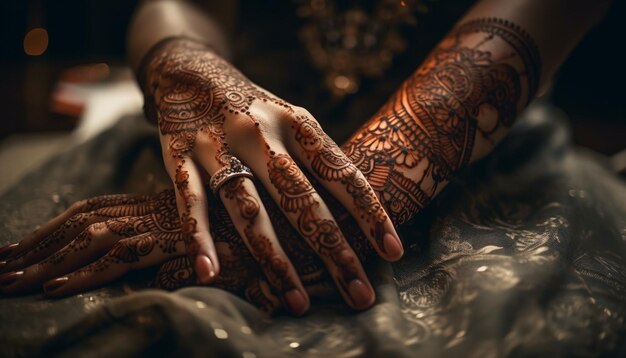 Elegante novia henna adornando mano y belleza generada por IA