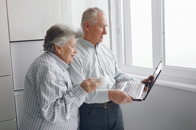 Elegante pareja de ancianos en casa usando una computadora portátil